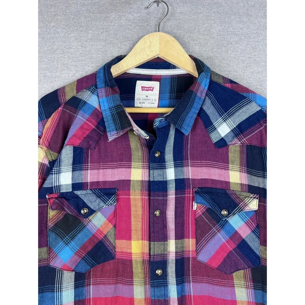 Levis‎ Mens XXL Plaid Western Shirt Pearl Snap Long Sleeve Multi Color Red Blue